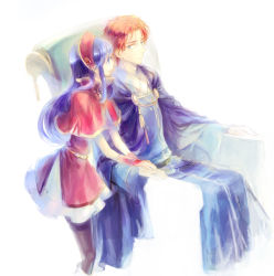 Rule 34 | 1boy, 1girl, aged up, blue eyes, blue hair, blush, dress, eliwood (fire emblem), fire emblem, fire emblem: the binding blade, fire emblem: the blazing blade, from side, gloves, hat, holding hands, kuzumosu, lilina (fire emblem), long hair, ninian, nintendo, red hair, short hair, simple background, smile, white background