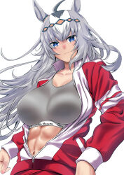 Rule 34 | 1girl, abs, ahoge, animal ears, blue eyes, breasts, closed mouth, collarbone, commentary request, ear ornament, grey hair, grey sports bra, hair ornament, hakase yurisuki, highres, horse ears, horse girl, jacket, large breasts, long hair, long sleeves, looking at viewer, multicolored hair, navel, oguri cap (umamusume), open clothes, open jacket, pants, partially unzipped, red jacket, simple background, solo, sports bra, streaked hair, tracen training uniform, track jacket, track pants, umamusume, upper body, very long hair, white background