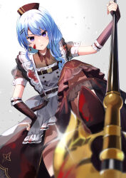 Rule 34 | 1girl, apron, bardiche (weapon), blood, blood on clothes, blood on face, blue eyes, blue hair, braid, brown headwear, dress, earrings, frills, hair between eyes, hair ornament, hairclip, highres, holding, holding weapon, hololive, hoshimachi suisei, hoshimachi suisei (maid), jewelry, looking at viewer, maid apron, medium hair, open mouth, polearm, shinomiya shino (sinosino141), skirt, solo, virtual youtuber, weapon