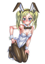 Rule 34 | 10s, 1girl, animal ears, blonde hair, blush, bow, bowtie, breasts, cleavage, detached collar, fake animal ears, grey eyes, hair ornament, highres, karasuke d, kneeling, long hair, looking at viewer, pantyhose, playboy bunny, rabbit ears, rabbit tail, shirobako, small breasts, solo, tail, twintails, wrist cuffs, yano erika