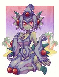 Rule 34 | 1girl, artist request, barefoot, breasts, clothing cutout, colored skin, curvy, digimon, digimon (creature), fingerless gloves, fish girl, gloves, green skin, hand on own chest, helmet, highres, looking at viewer, navel cutout, one-piece swimsuit, ranamon, red eyes, sitting, swimsuit, wide hips