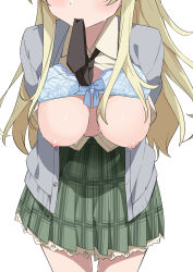 Rule 34 | 1girl, arms behind back, black necktie, blonde hair, blue bra, blush, boku wa tomodachi ga sukunai, bow, bow bra, bra, bra lift, breasts, breasts out, brown shirt, cardigan, collared shirt, commentary request, cowboy shot, frilled skirt, frills, green skirt, grey cardigan, head out of frame, highres, kashiwazaki sena, large breasts, leaning forward, long hair, morisobo, mouth hold, necktie, nipples, open cardigan, open clothes, open shirt, plaid, plaid skirt, pleated skirt, school uniform, shirt, simple background, skirt, solo, st. chronica academy school uniform, standing, sweat, underwear, very long hair, white background