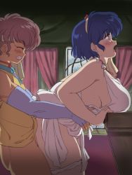 Rule 34 | 1boy, 1girl, age difference, alternate breast size, apron, bent over, blue hair, blush, bottomless, breasts, brown hair, character request, cheating (relationship), clenched teeth, closed eyes, from behind, from side, hetero, highres, large breasts, mage (harumagedon), moaning, naked apron, netorare, open mouth, panties, panty pull, profile, ranma 1/2, sex, sex from behind, short hair, size difference, sweat, tears, teeth, tendou akane, touma (ranma 1/2), underwear