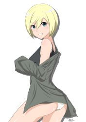 Rule 34 | 1girl, absurdres, ass, bare shoulders, blonde hair, blue eyes, blush, breasts, erica hartmann, female focus, grin, highres, looking at viewer, oryou gunsou, panties, parted lips, short hair, simple background, small breasts, smile, solo, standing, strike witches, teeth, underwear, white background, white panties, world witches series