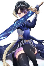 Rule 34 | 1girl, absurdres, arm up, au ra, black footwear, black hair, black jacket, blue gloves, boots, closed mouth, commission, dragon girl, dragon horns, dragon tail, elbow gloves, final fantasy, final fantasy xiv, gloves, hair over one eye, highres, holding, holding sword, holding weapon, horns, jacket, looking at viewer, multicolored hair, ponta (velmar), purple eyes, purple hair, scales, shadow, short sleeves, simple background, skeb commission, smile, solo, streaked hair, sword, tail, thigh boots, tiara, weapon, white background