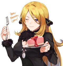 Rule 34 | 1girl, blonde hair, breasts, cake, cake slice, cleavage, closed mouth, creatures (company), cynthia (pokemon), english text, food, fork, fur-trimmed sleeves, fur collar, fur trim, game freak, gift art, hair ornament, hair over one eye, hand up, happy birthday, highres, holding, holding fork, holding plate, kamu (kamuuei), large breasts, long hair, long sleeves, looking at viewer, nintendo, one eye closed, plate, pokemon, pokemon dppt, simple background, smile, solo, upper body, white background