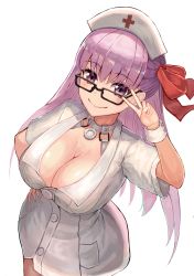 Rule 34 | 1girl, absurdres, bb (bb shot!) (fate), bb (fate), bb (fate/extra), blush, breasts, buttons, cleavage, closed mouth, collar, collarbone, dress, fate/extra, fate/extra ccc, fate (series), glasses, hair between eyes, hair ribbon, hand gesture, hand on own hip, hat, highres, hoshibudou, large breasts, long hair, looking at viewer, nurse, nurse cap, purple eyes, purple hair, red ribbon, ribbon, short dress, short sleeves, simple background, smile, solo, v, white background, white dress, wrist cuffs