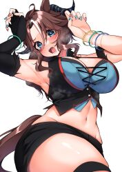 Rule 34 | 1girl, absurdres, animal ears, armpits, black gloves, black shorts, blue eyes, blush, breasts, brown hair, claw pose, cleavage, commentary request, commission, cowboy shot, elbow gloves, gloves, halloween, highres, horse ears, horse girl, horse tail, kshimu, large breasts, looking at viewer, mejiro palmer (devil in the moonlight) (umamusume), mejiro palmer (umamusume), midriff, multicolored hair, multicolored nails, nail polish, navel, official alternate costume, open mouth, shorts, simple background, single glove, skeb commission, smile, solo, streaked hair, tail, thigh strap, umamusume, white background, white hair