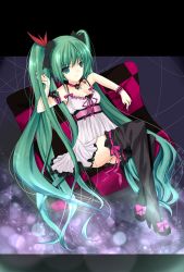 Rule 34 | 1girl, bow, breasts, choker, cleavage, dress, female focus, full body, green eyes, green hair, hatsune miku, high heels, icemilk, long hair, matching hair/eyes, panties, pantyshot, shoes, sitting, solo, thighhighs, twintails, underwear, very long hair, vocaloid, world is mine (vocaloid)