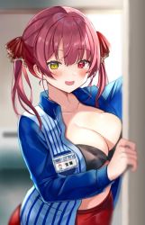 Rule 34 | 1girl, blush, breasts, cleavage, employee uniform, heterochromia, hololive, houshou marine, id card, lawson, long hair, looking at viewer, name tag, open clothes, red eyes, red hair, ribbon, satoupote, shirt, smile, solo, striped clothes, striped shirt, twintails, uniform, vertical-striped clothes, vertical-striped shirt, virtual youtuber, yellow eyes
