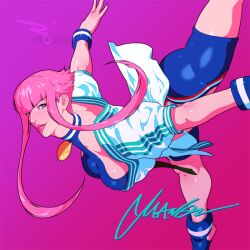 Rule 34 | 1girl, blue eyes, breasts, feet out of frame, jacket, large breasts, lips, looking at viewer, manon legrand, medal, one leg raised, pants, pink background, pink hair, smile, street fighter, street fighter 6, the art mage