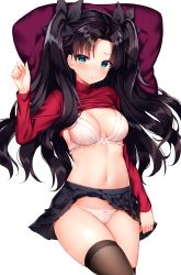 Rule 34 | 1girl, absurdres, black hair, black skirt, blue eyes, bow, bra, breasts, brown thighhighs, closed mouth, clothes lift, fate/grand order, fate (series), frown, hair bow, highres, large breasts, long hair, long sleeves, looking at viewer, miniskirt, navel, panties, parted bangs, pillow, pleated skirt, red shirt, shirt, shirt lift, shouu-kun, simple background, skindentation, skirt, skirt lift, solo, stomach, thighhighs, tohsaka rin, turtleneck, two side up, underwear, white background, white bra, white panties