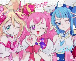 3girls 4-finger_heart_hands :&gt; :3 ahoge asako_(itiba) asymmetrical_bangs blonde_hair blonde_streaks blue_bow blue_eyes blue_hair bow bow-shaped_hair butterfly_earrings checkered_background crossover crown cure_idol cure_sky cure_wonderful detached_sleeves dress earpiece earrings eyelashes fang fingerless_gloves flat_chest gloves green_eyes hair_between_eyes hair_bow hair_ornament hand_up hands_up heart heart_hair_ornament heart_hands highres hirogaru_sky!_precure in-franchise_crossover inukai_komugi jewelry long_hair looking_at_viewer magical_girl multicolored_hair multiple_girls one_eye_closed open_mouth outline pink_bow pink_crown pink_dress pink_hair pink_streaks pink_wrist_cuffs precure puffy_short_sleeves puffy_sleeves purple_bow purple_eyes sakura_uta_(precure) short_eyebrows short_sleeves smile sora_harewataru split_mouth streaked_hair tareme thick_eyebrows twintails two-tone_hair two_side_up upper_body v v-shaped_eyebrows white_background white_gloves white_outline wing_hair_ornament wonderful_precure! wrist_cuffs yellow_pupils you_and_idol_precure