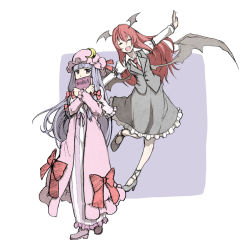 Rule 34 | 2girls, :d, ^ ^, arm garter, bat wings, book, hugging book, bow, closed eyes, colorized, covering own mouth, crescent, dress, dress shirt, embodiment of scarlet devil, female focus, frills, full body, hair bow, happy, head wings, high heels, holding, holding book, hugging object, koakuma, large bow, long hair, long sleeves, looking at viewer, low wings, multiple girls, necktie, nobuya, open mouth, outstretched arms, patchouli knowledge, purple dress, purple eyes, purple hair, red hair, shirt, shoes, skirt, skirt set, smile, spread arms, standing, standing on one leg, striped clothes, striped dress, touhou, vertical stripes, very long hair, vest, wings