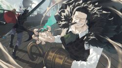 Rule 34 | 2boys, ascot, battle, black hair, cigar, coat, collared shirt, cotton (lana de lingo), crocodile (one piece), dracule mihawk, floating clothes, frown, geokinesis, hair slicked back, highres, hook hand, huge weapon, jewelry, looking at viewer, male focus, mature male, multiple boys, multiple rings, one piece, pirate ship, ring, sand, scar, scar on face, scar on nose, serious, ship, shirt, short hair, slashing, smoking, stitches, turning around, watercraft, weapon