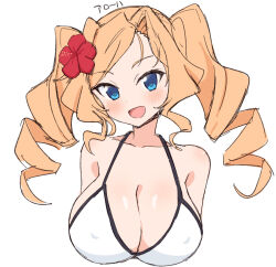 Rule 34 | 1girl, bikini, blonde hair, blue eyes, breasts, cleavage, collarbone, drill hair, flower, hair flower, hair ornament, honolulu (kancolle), junes, kantai collection, large breasts, long hair, looking at viewer, official alternate costume, simple background, solo, swimsuit, twin drills, twintails, white background, white bikini