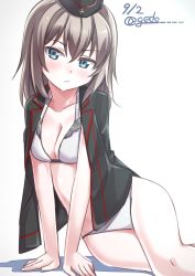Rule 34 | 10s, 1girl, arm support, bikini, black hat, black jacket, blue eyes, blush, breasts, cleavage, closed mouth, commentary, dated, garrison cap, girls und panzer, hat, highres, itsumi erika, jacket, jacket on shoulders, kuromorimine military uniform, leaning to the side, light frown, long hair, long sleeves, looking at viewer, lying, medium breasts, military, military hat, military uniform, natsuki (gedo), on side, one-hour drawing challenge, silver hair, simple background, sitting, solo, swimsuit, thighs, twitter username, uniform, white background, white bikini