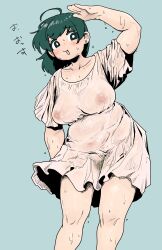 Rule 34 | 1girl, absurdres, ahoge, aqua background, arm up, blush, breasts, collarbone, commentary request, covered erect nipples, covered navel, cowboy shot, dress, earrings, female pubic hair, green eyes, green hair, highres, jaggy lines, jewelry, large breasts, leaning to the side, long hair, looking at viewer, mattsuu, no bra, open mouth, original, plump, pubic hair, see-through, see-through dress, short sleeves, simple background, solo, stud earrings, tareme, thick arms, translation request, wet, wet clothes, wet dress
