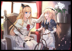 Rule 34 | 2girls, antiqq, bare shoulders, beret, bicycle, black hairband, blonde hair, blue eyes, blue shirt, blush, braid, breasts, cleavage, closed eyes, collarbone, commentary request, crown, crying, curtains, day, dress, flower, flying sweatdrops, gloves, hair between eyes, hairband, hand on another&#039;s head, hat, indoors, jervis (kancolle), jewelry, kantai collection, long hair, long sleeves, medium breasts, mini crown, multiple girls, necklace, off-shoulder dress, off shoulder, open mouth, puffy short sleeves, puffy sleeves, red flower, red ribbon, red rose, ribbon, rose, shirt, short sleeves, sitting, skirt, tears, thighhighs, vase, very long hair, warspite (kancolle), white dress, white flower, white gloves, white hat, white legwear, white skirt, window