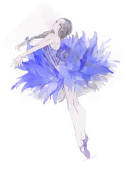 Rule 34 | 1girl, ballerina, ballet slippers, bare arms, bare shoulders, blue dress, blue eyes, braid, commentary request, cornflower, dress, expressionless, flower, from side, full body, grey hair, hair flower, hair ornament, long hair, looking up, nekosuke (oxo), original, outstretched arms, plantar flexion, simple background, single braid, solo, strapless, striped, tutu, vertical stripes, white background