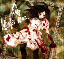 Rule 34 | 1girl, alice: madness returns, alice (alice in wonderland), alice in wonderland, alice liddell (american mcgee&#039;s alice), american mcgee&#039;s alice, american mcgee's alice, black hair, blood, blood stain, bloody tears, copyright name, dress, hinaduki41, kusunoki shii, open mouth, red eyes, solo, striped clothes, striped thighhighs, thighhighs