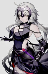 Rule 34 | 1girl, absurdres, armor, armored dress, bare shoulders, black dress, breasts, chain, cleavage, collar, dress, fate/grand order, fate (series), faulds, fur-trimmed legwear, fur trim, gauntlets, grey hair, headpiece, highres, jeanne d&#039;arc alter (avenger) (fate), jeanne d&#039;arc alter (avenger) (third ascension) (fate), jeanne d&#039;arc alter (fate), large breasts, long hair, looking at viewer, metal collar, polearm, solo, sumi (gfgf 045), sword, very long hair, weapon, yellow eyes