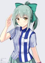 Rule 34 | 1girl, bow, brown eyes, dated, employee uniform, gin&#039;ichi (akacia), green bow, green hair, green skirt, grey background, hair bow, kantai collection, pleated skirt, ponytail, short hair, short sleeves, simple background, skirt, smile, solo, twitter username, uniform, yuubari (kancolle)