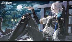 Rule 34 | 1boy, alternate costume, chinese clothes, dark sky, full moon, lamppost, looking at viewer, moon, official alternate costume, official art, punishing: gray raven, roland (punishing: gray raven), smile, solo