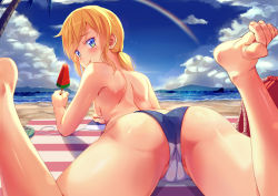 Rule 34 | 1girl, :q, ass, barefoot, beach, bikini, bikini bottom only, blonde hair, blue eyes, blue sky, breasts, cloud, day, feet, food, from behind, highres, holding, holding food, looking at viewer, looking back, lying, ocean, on stomach, original, outdoors, parted bangs, popsicle, rainbow, shiny skin, short hair, short twintails, sky, small breasts, solo, swimsuit, toes, tongue, tongue out, topfreedom, topless, twintails, watermelon bar, zongmao