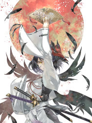 Rule 34 | 1girl, arm up, bird mask, black hair, commentary request, feathers, genshin impact, hand fan, highres, holding, holding fan, japanese clothes, kanai23831347, kimono, kujou sara, looking at viewer, mask, mask on head, short hair, solo, sword, weapon, white kimono, wide sleeves, yellow eyes