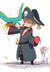 Rule 34 | 1girl, animal on arm, apple, ario, bird, bird on arm, blonde hair, brown eyes, character request, copyright request, food, fruit, grin, hat, long coat, long sleeves, pirate, pirate hat, short ponytail, simple background, skull, smile, solo, wide sleeves