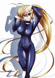 Rule 34 | 10s, 1girl, blonde hair, bodysuit, breasts, covered navel, covered erect nipples, highres, large breasts, long hair, lyrical nanoha, mahou shoujo lyrical nanoha vivid, navel, aged up, side ponytail, simple background, skin tight, smile, solo, tappa (esperanza), vivio, white background