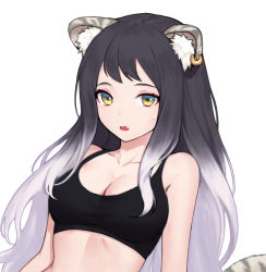 Rule 34 | 1girl, animal ear fluff, animal ears, bare shoulders, black hair, black shirt, breasts, cat ears, cat tail, cleavage, close-up, collarbone, ear piercing, fang, gradient hair, large breasts, long hair, looking at viewer, midriff, multicolored hair, open mouth, piercing, princess connect!, princess connect!, shiori (princess connect!), shirt, simple background, siun, sleeveless, sleeveless shirt, solo, sports bra, sweat, tail, tiger ears, tiger tail, two-tone hair, upper body, white background, white hair, yellow eyes