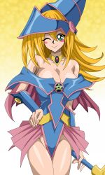 Rule 34 | 1girl, bare shoulders, blonde hair, breasts, bridal gauntlets, cleavage, dark magician girl, green eyes, hand on own hip, hat, highres, huge breasts, legs, long hair, looking at viewer, nel-zel formula, one eye closed, simple background, smile, solo, standing, thighs, wand, wink, wizard hat, yu-gi-oh!, yu-gi-oh! duel monsters