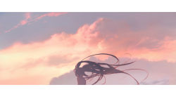 Rule 34 | 1girl, backlighting, cloud, cloudy sky, commentary, from behind, hatsune miku, long hair, rella, scenery, sky, solo, sunset, twintails, very long hair, vocaloid