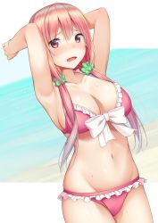 Rule 34 | 1girl, armpits, arms behind head, arms up, bad id, bad pixiv id, bikini, blush, bow, breasts, brown eyes, cleavage, collarbone, commentary request, cowboy shot, dutch angle, eyes visible through hair, frilled bikini, frills, green scrunchie, hair between eyes, hair ornament, hair over shoulder, hair scrunchie, hinako note, large breasts, legs together, long hair, looking at viewer, low twintails, navel, nose blush, open mouth, outside border, pink bikini, pink hair, sakuragi hinako, scrunchie, solo, standing, stomach, swimsuit, twintails, umihotaru harumare, white bow