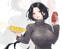 Rule 34 | 1girl, absurdres, black hair, black lips, bottle, breasts, food, girls&#039; frontline, grey sweater, hair ornament, hairclip, highres, holding, holding bottle, ketchup, ketchup bottle, large breasts, long hair, looking at viewer, mole, mole under eye, omelet, oobak, parted lips, plate, qbu-191 (girls&#039; frontline), red eyes, ribbed sweater, smile, solo, sweater, turtleneck, turtleneck sweater, upper body, white background, zoom layerlong sleeves