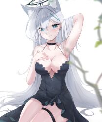 Rule 34 | 1girl, absurdres, animal ear fluff, animal ears, arm behind head, armpits, bare shoulders, black choker, black dress, black halo, blue archive, blue eyes, breasts, center opening, choker, collarbone, commentary, covered navel, cross hair ornament, dress, earrings, extra ears, eyes visible through hair, frown, grey hair, hair behind ear, hair ornament, hair over one eye, halo, halter dress, halterneck, hand on own chest, highres, inkeror, jewelry, large breasts, long hair, looking at viewer, mismatched pupils, plunging neckline, shiroko (blue archive), shiroko terror (blue archive), short dress, sitting, skindentation, solo, stud earrings, symbol-only commentary, thigh strap, very long hair, wolf ears