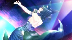 Rule 34 | 1girl, animal ear fluff, animal ears, arm strap, backless dress, backless outfit, black hair, breasts, daria kirdyapkina, dress, dutch angle, fox ears, fox tail, from behind, game cg, hair between eyes, half-closed eyes, holding, holding microphone, lens flare, long hair, medium breasts, microphone, multiple tails, music, muutsuki, official art, outstretched arm, purple dress, shoulder blades, sideboob, singing, sleeveless, sleeveless dress, solo, sparkle, stage, standing, tail, unjou no fairy tale, yellow eyes