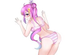 Rule 34 | 1girl, absurdres, against wall, androxg, ass, bandaid, bandaid on face, bent over, blush, blush stickers, bra, breasts, commission, highres, idol corp, panties, pink hair, purple eyes, riro ron, simple background, small breasts, smile, striped bra, striped clothes, striped panties, thighs, twintails, underwear, underwear only, virtual youtuber, white background