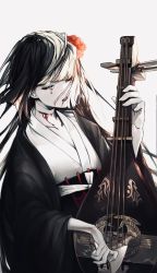 Rule 34 | 1girl, bakushi (kaeritai0609), black hair, closed eyes, crying, fate/grand order, fate (series), flower, hair flower, hair ornament, haori, holding, holding instrument, instrument, japanese clothes, kimono, komahime (fate), long hair, long sleeves, lute (instrument), music, playing instrument, red flower, sen no rikyu (fate), simple background, solo, upper body, white background, wide sleeves