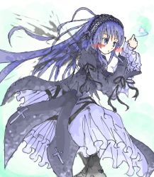 Rule 34 | 00s, 1girl, blue eyes, blue hair, blush stickers, cross, dress, feathers, frills, hairband, latin cross, long hair, looking away, lowres, lying, matching hair/eyes, ribbon, rozen maiden, solo, suigintou, very long hair, wide sleeves