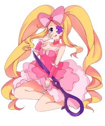 Rule 34 | 10s, 1girl, big hair, blonde hair, blue eyes, boots, bow, breasts, choker, cleavage, dress, drill hair, earrings, eyepatch, hair bow, harime nui, heart, jewelry, kill la kill, licking lips, long hair, pink bow, pink dress, pink skirt, scissor blade (kill la kill), skirt, smile, solo, spoilers, strapless, strapless dress, surumeider, tongue, tongue out, twin drills, twintails, white background, wrist cuffs