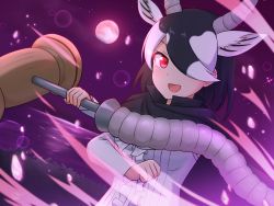 Rule 34 | 1girl, :d, absurdres, animal ear fluff, antelope ears, antelope horns, black cape, black hair, blackbuck (kemono friends), cape, center frills, commentary, extra ears, frills, full moon, hair over one eye, highres, holding, holding weapon, horns, kemono friends, long sleeves, looking at viewer, moon, multicolored hair, one eye covered, open mouth, red eyes, shiraha maru, shirt, short hair, smile, solo, teeth, two-tone hair, upper teeth only, weapon, white hair, white shirt