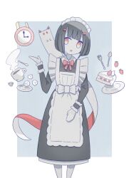 Rule 34 | 1girl, :o, apron, bird, blunt bangs, blunt ends, bob cut, bow, bowtie, brown dress, cake, cathead, chick, clock, coffee mug, cup, dress, food, fork, fruit, ghost, gloves, grey background, hair ornament, hairclip, hand up, highres, long sleeves, looking to the side, maid, maid headdress, mug, multicolored background, no nose, omochi noa, original, plate, red bow, red bowtie, red eyes, short hair, simple background, solid oval eyes, spoon, stirring rod, strawberry, strawberry shortcake, sugar cube, uniform, white background, white bow, white gloves, wrist cuffs