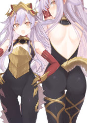 Rule 34 | 1girl, :o, armor, arms up, ass, back, backless outfit, bad id, bad pixiv id, bare shoulders, black bodysuit, blush, bodysuit, breastplate, closed mouth, cowboy shot, detached sleeves, elbow gloves, female focus, flat chest, frown, gloves, gluteal fold, granblue fantasy, hands on own hips, highres, light purple hair, long hair, long sleeves, looking at viewer, looking back, medusa (shingeki no bahamut), multiple views, nanananana, open mouth, pink hair, pointy ears, shingeki no bahamut, simple background, skin tight, standing, straight hair, tail, tearing up, tears, thigh gap, v-shaped eyebrows, very long hair, white background, yellow gloves