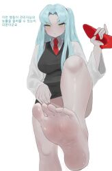 1girl absurdres angela_(project_moon) barefoot blue_hair feet highres lobotomy_corporation lol_(artist) long_hair looking_at_viewer miniskirt panties pantyshot parted_lips project_moon shoes side_ponytail single_shoe skirt soles toes translated underwear unworn_shoes upskirt yellow_eyes