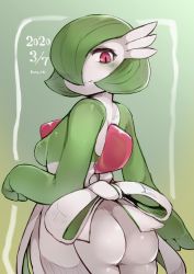 Rule 34 | 1girl, apron, ass, blush, breasts, closed mouth, cowboy shot, creatures (company), from behind, game freak, gardevoir, gen 3 pokemon, green background, green hair, hair over one eye, highres, looking back, medium breasts, nintendo, pokemon, pokemon (creature), red eyes, short hair, smile, solo, yeti (mu kaiten)