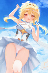 Rule 34 | 1girl, absurdres, bare shoulders, blonde hair, blush, breasts, commentary, detached sleeves, dress, feather hair ornament, feathers, flower, genshin impact, hair flower, hair ornament, highres, looking at viewer, lumine (genshin impact), medium breasts, open mouth, panties, short hair with long locks, sidelocks, smile, solo, underwear, w.k, white dress, white panties, yellow eyes
