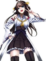 Rule 34 | 10s, 1girl, brown hair, detached sleeves, hand on own hip, headgear, highres, kantai collection, kongou (kancolle), long hair, looking at viewer, nontraditional miko, open mouth, personification, solo, thighhighs, u u zan, v, white background